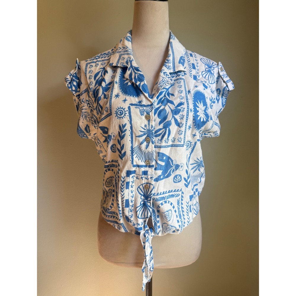 Calypso St Barth Blue White Linen Palm hamsa‎ tie Crop Top Shirt M boho beach
